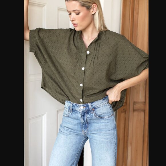 Emerson Fry Mandarin Collar Top in Swiss Dot in Moss | OS - Picture 4 of 9